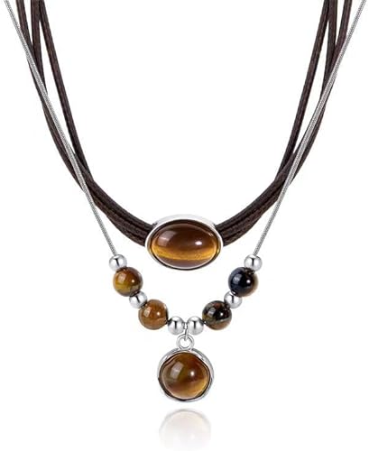 2-piece crystal layered necklace set, featuring tiger's eye and amethyst lucky charm chakra beads pendant, unisex, adjustable (snake chain + PU cord)