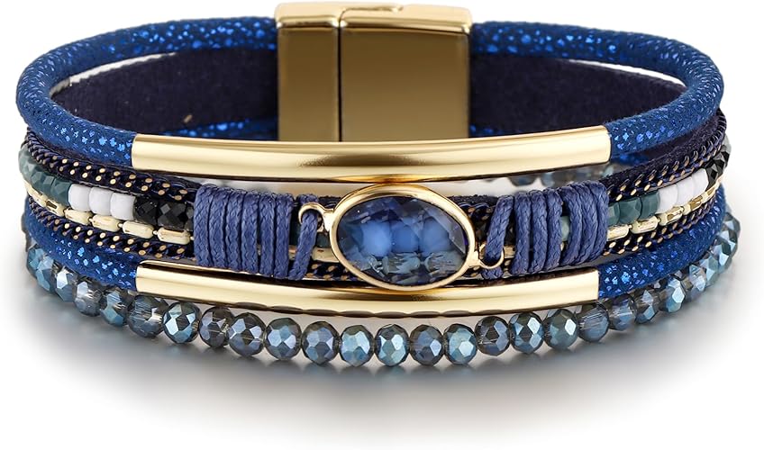 Women's Genuine Leather Wrapped Bracelet, Bohemian Style, Handcrafted Multi-Layer Bracelet, Adorned with a Crystal Bead Heart Pendant, Stackable, Western-Style Jewelry Gift