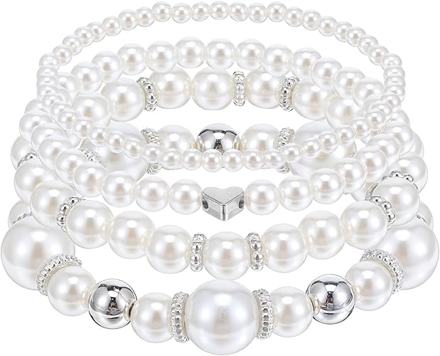 4-Piece Pearl Bracelet Set, Stackable Elastic Beaded Bracelet for Women, a Wedding Essential for Bridesmaids and Brides