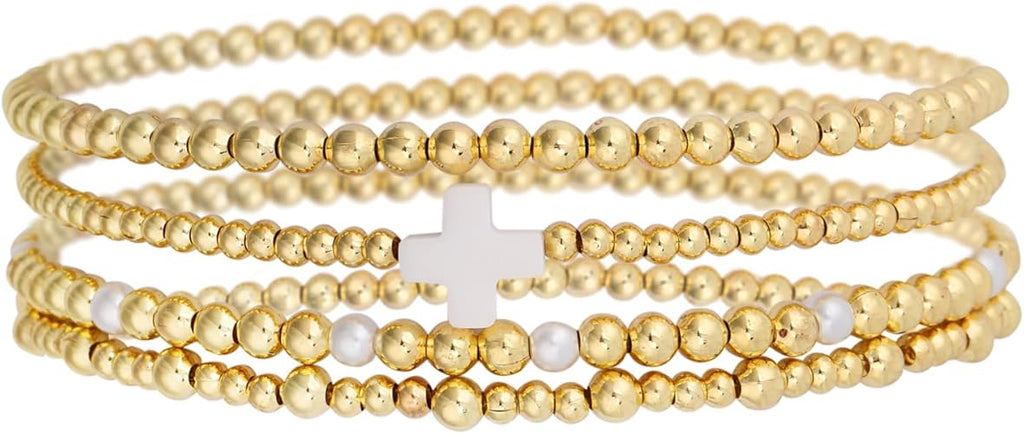 Women's 4-Piece Gold Beaded Stackable Bracelet Set, Fading-Resistant Gold Beaded Elastic Cross Pearl Bracelet