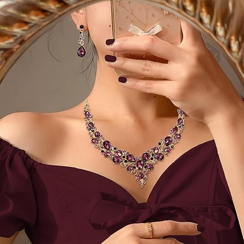 Austrian Crystal Teardrop Cluster Necklace and Earring Jewelry Set