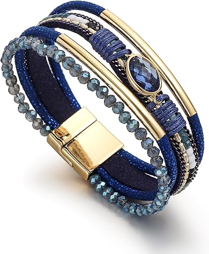 Women's Genuine Leather Wrapped Bracelet, Bohemian Style, Handcrafted Multi-Layer Bracelet, Adorned with a Crystal Bead Heart Pendant, Stackable, Western-Style Jewelry Gift