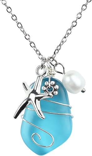 Sea Glass Necklace, Wire-Wrapped Beach Necklace, Sea Glass Jewelry, Handmade Blue Beach Jewelry, Fashionable Women's Style
