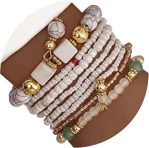 8-Piece Beaded Bracelet Set, Women's Multi-Layer Stackable Elastic Beaded Bracelet Set, Handmade, Stylish Bohemian Jewelry