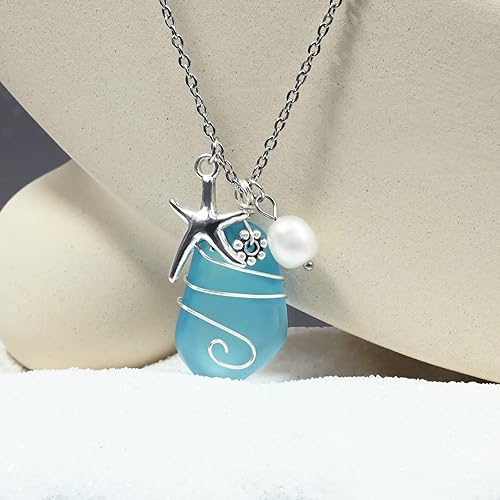 Sea Glass Necklace, Wire-Wrapped Beach Necklace, Sea Glass Jewelry, Handmade Blue Beach Jewelry, Fashionable Women's Style