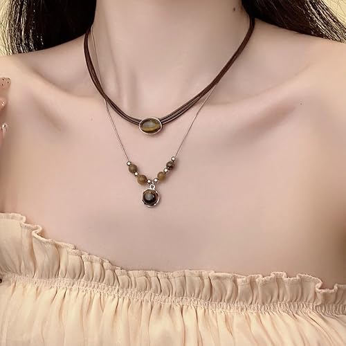 2-piece crystal layered necklace set, featuring tiger's eye and amethyst lucky charm chakra beads pendant, unisex, adjustable (snake chain + PU cord)
