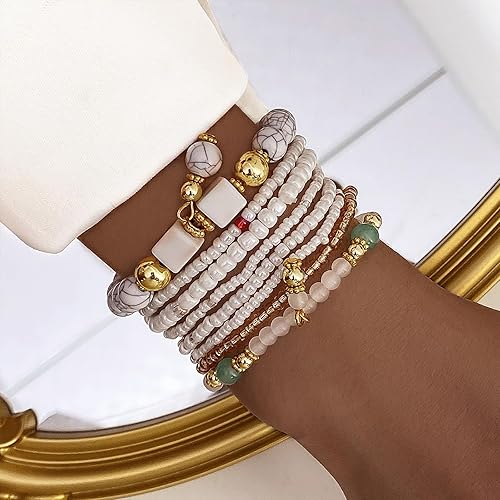 8-Piece Beaded Bracelet Set, Women's Multi-Layer Stackable Elastic Beaded Bracelet Set, Handmade, Stylish Bohemian Jewelry