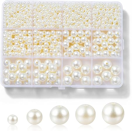 1200 pearl beads for DIY handmade necklaces and earrings, jewelry making, 5 sizes of round pearls, suitable for bracelet making, small pearl filler beads, with holes.