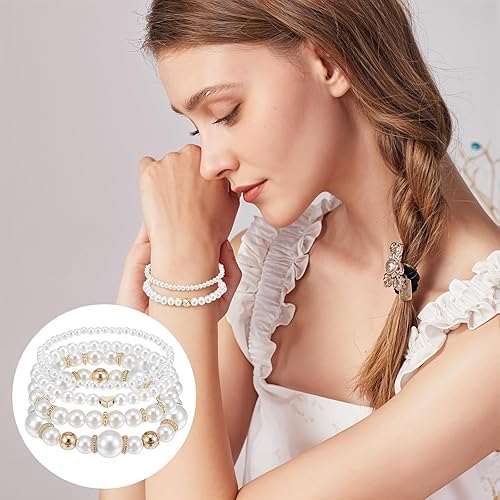 4-Piece Pearl Bracelet Set, Stackable Elastic Beaded Bracelet for Women, a Wedding Essential for Bridesmaids and Brides