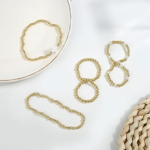 Women's 4-Piece Gold Beaded Stackable Bracelet Set, Fading-Resistant Gold Beaded Elastic Cross Pearl Bracelet