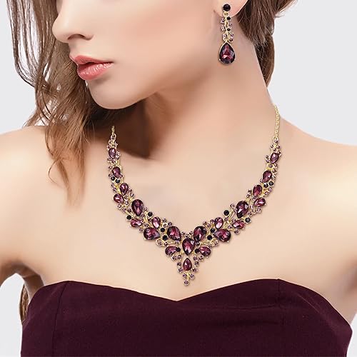 Austrian Crystal Teardrop Cluster Necklace and Earring Jewelry Set