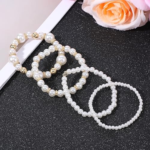 4-Piece Pearl Bracelet Set, Stackable Elastic Beaded Bracelet for Women, a Wedding Essential for Bridesmaids and Brides
